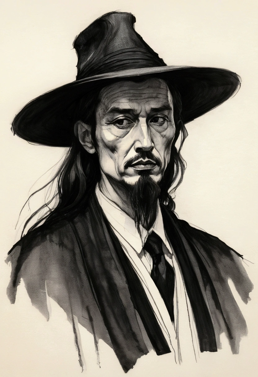 Drawing of a man wearing a hat and tie, Sketches by Hans Fischer, tumblr, Creation and Production, Black Sketch, Abstract charcoal sketch, Loose pencil sketch, Black ink sketch, charcoal smudges, Ink pen sketch, Line Drawing, Long flowing hair and robes, drawn on paper, Writing with black ink on white paper, Wearing a black robe