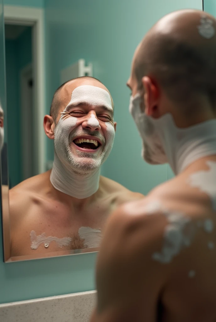 A man looking at his reflection in the bathroom mirror with his face bandaged, very well shaved crying but laughing at his condition