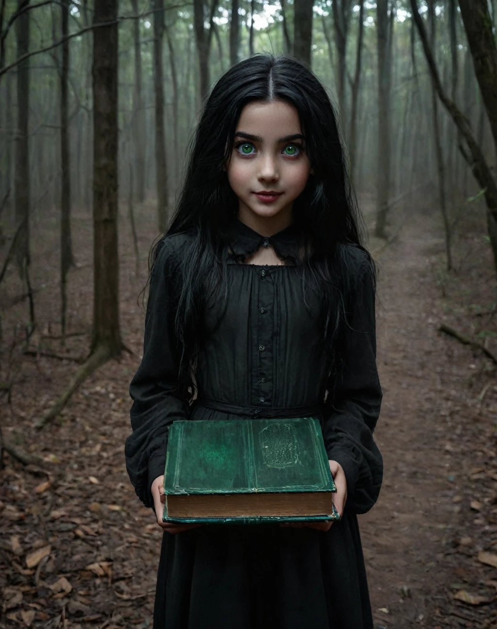 girl,daughter of severus snape, green eyes, black hair, old gray witch, dirty in the middle of a dense forest at night carrying several books, portraite, scary and big witch, dark scenery, horror style, nightmarish, witchcraft books, macabre girl, disturbing smile, smile with sharp teeth, slightly illuminated face, macabre dinner, horror film, scared character