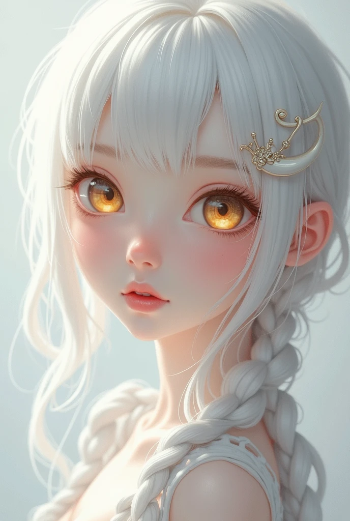 best quality, masterpiece,white hair, gold eyes,white clothes, looking up, upper body,hair strand,Fair skin,side braids