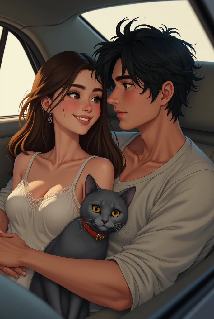 Woman with white skin, long brown hair with brown eyes and nice smile sitting next to a man with white skin messy black hair and fit, the two sitting in a car, and a gray cat