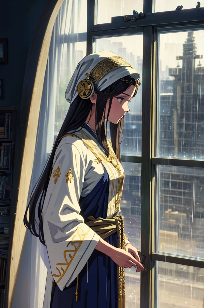 A modern depiction of a woman from the Bible, set during the time of Jesus but incorporating contemporary elements. The image is focused on her serene face, framed by a traditional biblical headscarf and robe, adorned with intricate embroidery typical of the era. She wears modern headphones, subtly blending ancient times with the present. Behind her, a window shows rain gently falling, adding a peaceful, reflective atmosphere. The combination of biblical attire, the modern accessory, and the rain-streaked window captures a timeless connection between the past and present, emphasizing her contemplative and spiritual nature