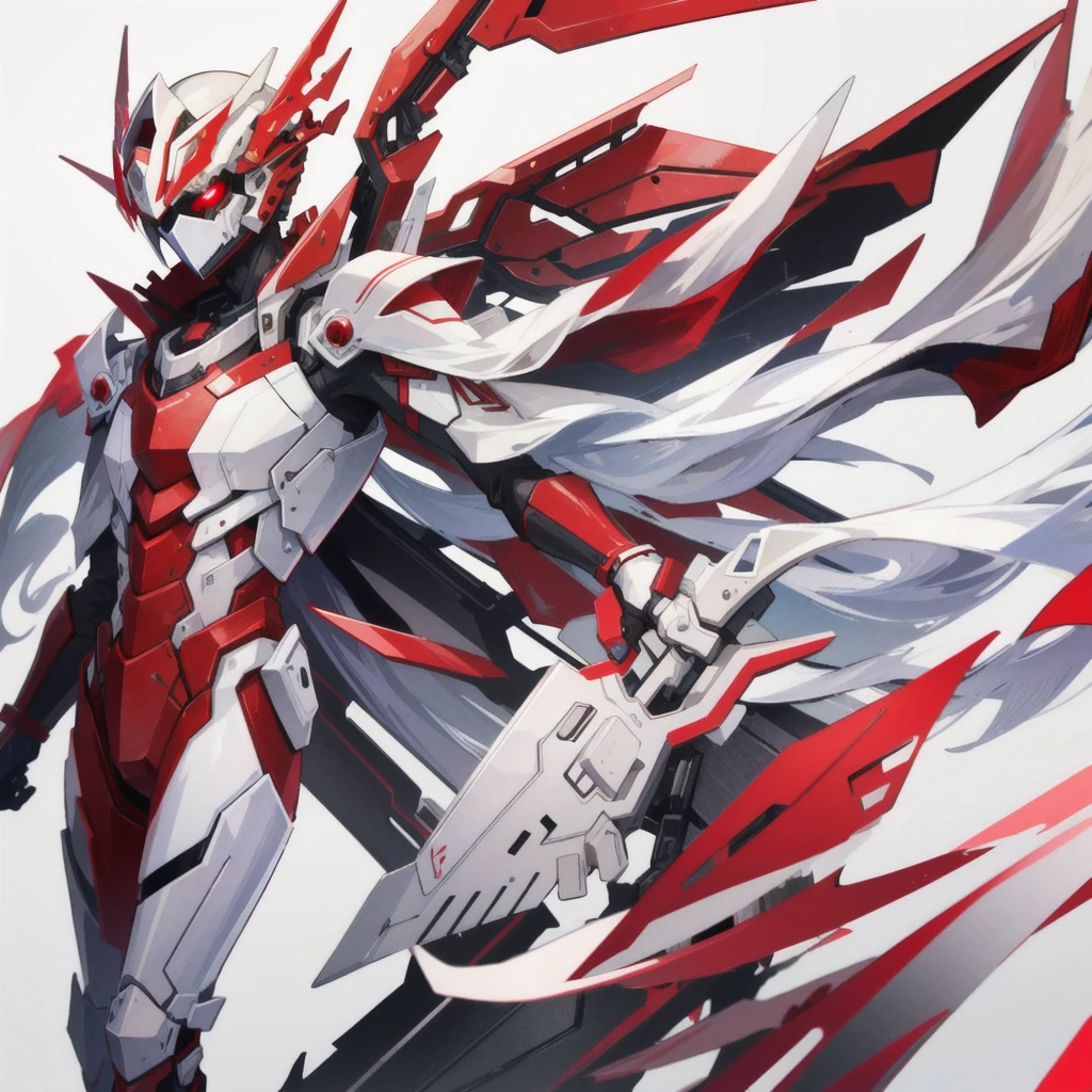 White and Red Mechanical suit, Red detailing, mechanical wings, Suit, mechanical sword, front side, Cool mechanical mask