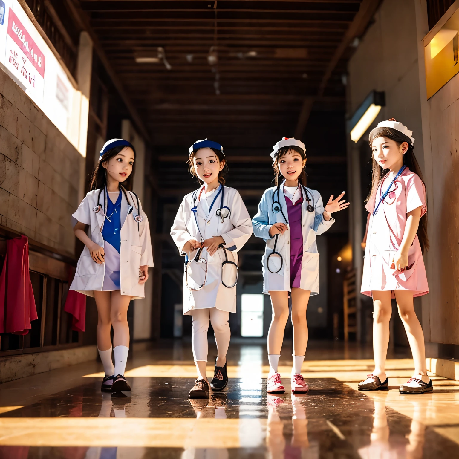 SFW,  ExtremelyDetailed (((Medical Kids group in Kidzania:1.4))), perfect face, Reflective Eyes, Detailed(Delicate Clothing textures), Corrected Leg to Foot Line, ((Specular Reflection:1.28)), TopQuality 8K Ultra-detailed masterpiece (ProfessionalPhoto:1.37)(Acutance:0.8),(Luminism)
