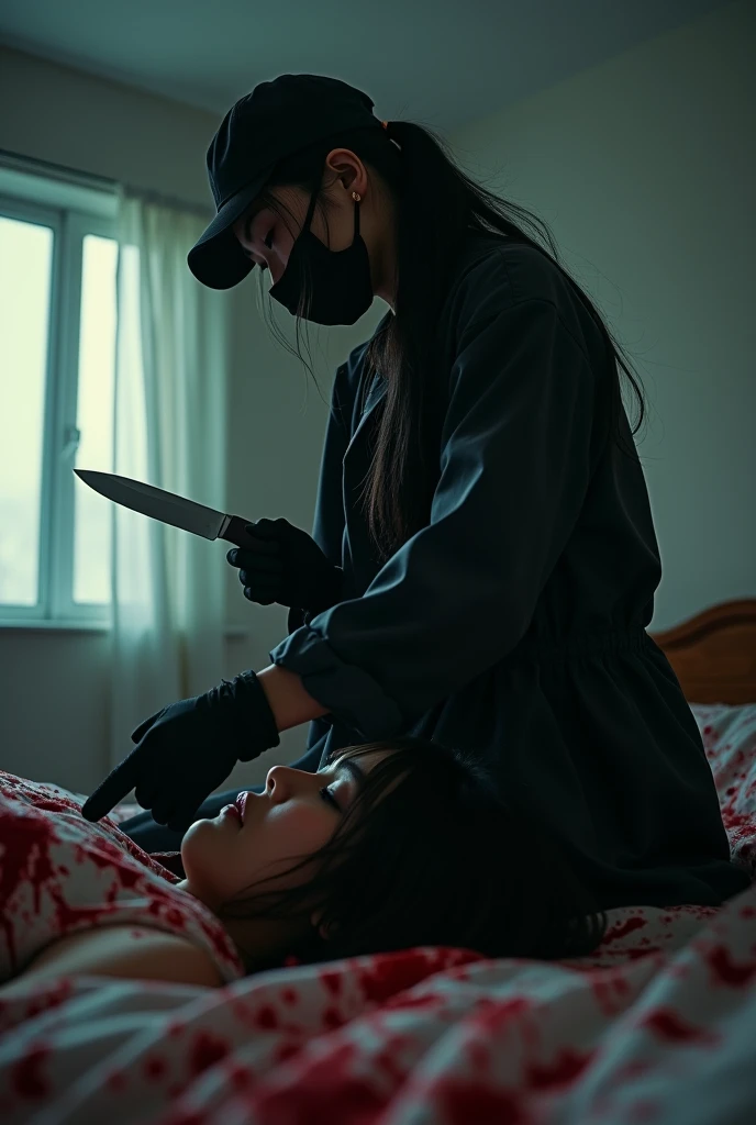 korean girl, (behind corpse, holding knife), black surgical mask, black gloves, room full of blood, black raincoat, trucker hat, holding knife, black gloves, woman on top, behind corpse, blood splatter, on the bed, mass murderer, killer, low ponytail, blood splatter, dark atmosphere, cinematic lighting, atmospheric realistic, light from the window, close-up,