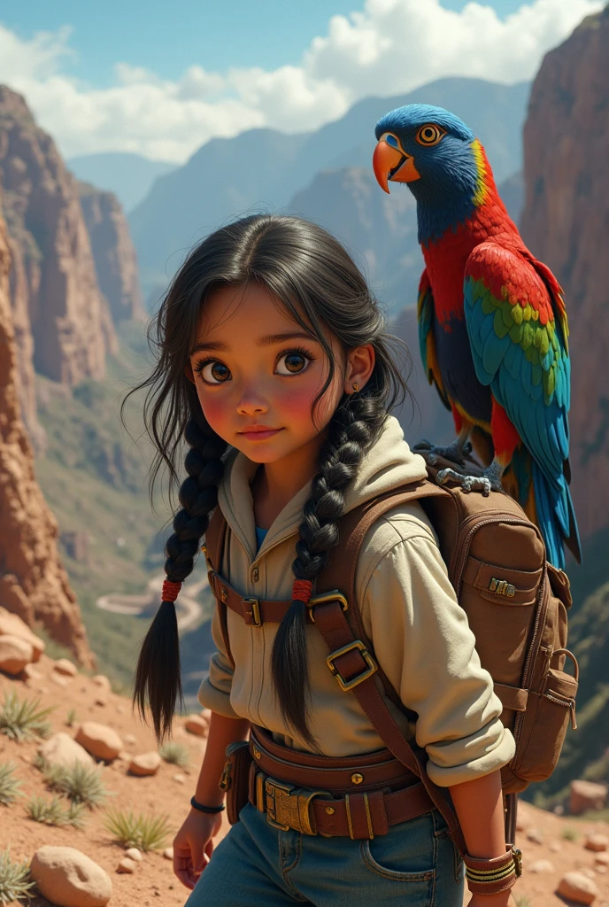 A Peruvian girl with braided hair and big eyes, Colca Canyon explorer, There is a very excited old compass and behind it a giant multicoloured bird that takes care of it 