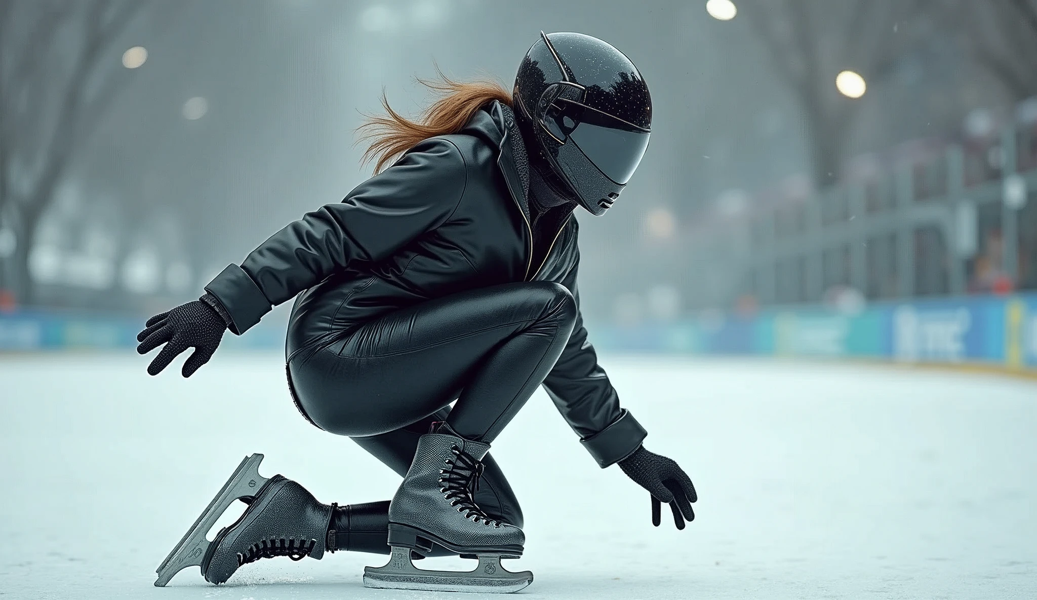 Female ice skater，Wearing a black leather jacket，A futuristic helmet，Slide sideways on one knee，individual，Hyperrealism，Wallpaper quality，Photography style