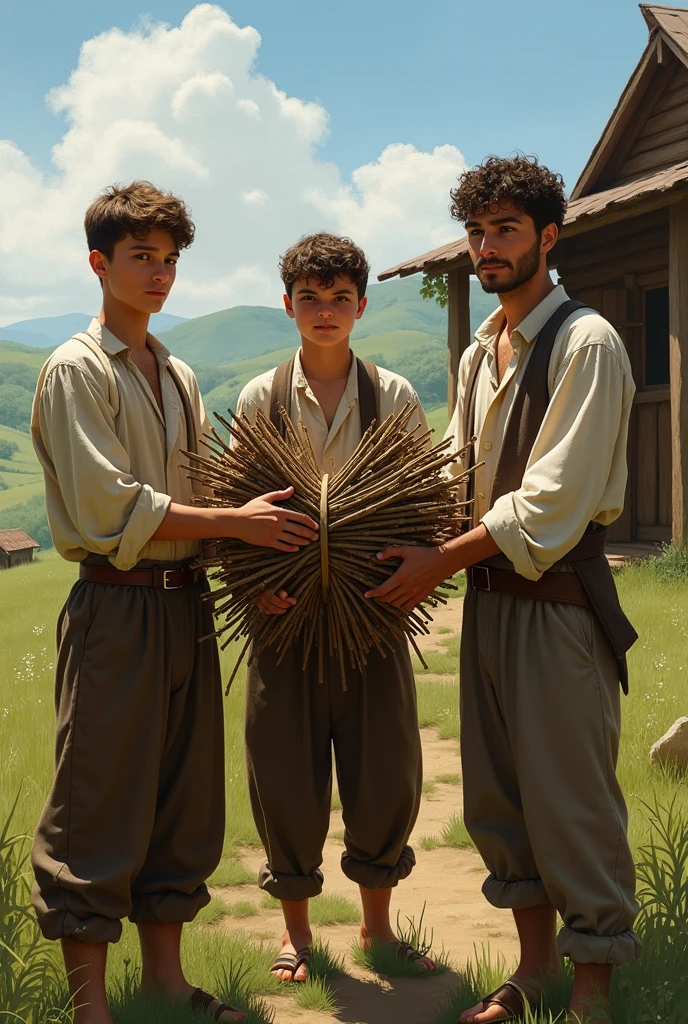 Give me a picture on this scene Following their father's instructions, the sons each brought a stick and tied them into a bundle.