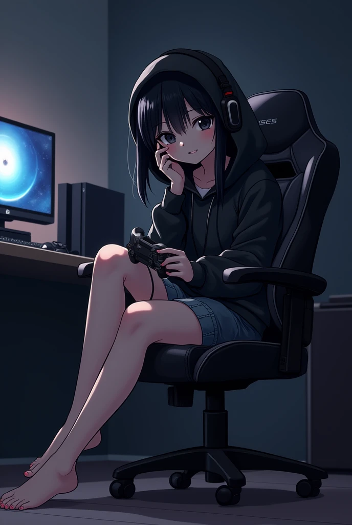 Anime Style. A girl tall in her twenties with black hair, black eyes, black hood covering her head and headphones on her. The girl is barefoot. The girl's feet are on the gamer chair. In her right hand is a PlayStation controller. The background is a darkened gamer room. The girl is sitting on a gamer chair. Behind her is a computer and a couple of video game consoles.