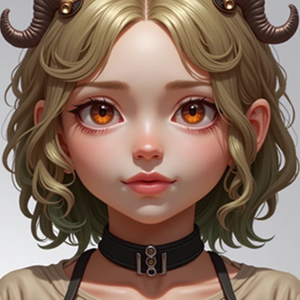 ((live 2D))  masterpiece, 1girl, full body, stands straight, steampunk clothes, military clothing, looking at viewer, detailed face, girl with green wavy hair, bangs, metal sheep horns, gradient hair, multicolored hair, light green hair, turquoise hair tips, wavy hair, gradient eyes, orange eyes, (simple background, white background: 1.3)