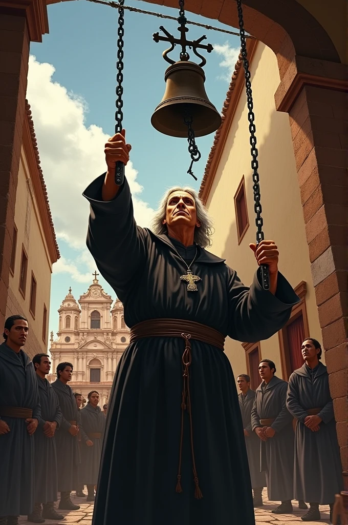 Miguel Hidalgo ringing the bell of Dolores with a broken link in his hand