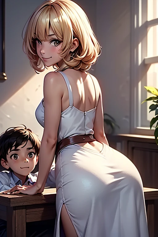 score_9, score_8_up, score_7_up, source_anime, 1boy, 1girl, mature female, mother and son, kid, smile, looking at viewer, The mother is sitting, son is clinging on mother, white dress, from behind, (focus on her hips)