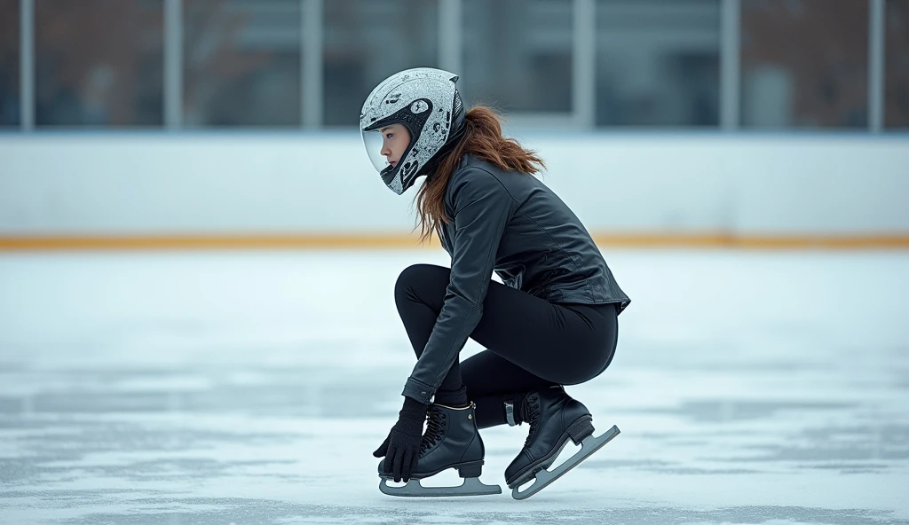 Female ice skater,Wearing a black leather jacket,A futuristic helmet,Slide sideways on one knee,individual,Hyperrealism,Wallpaper quality,Photography style,Shoot the side