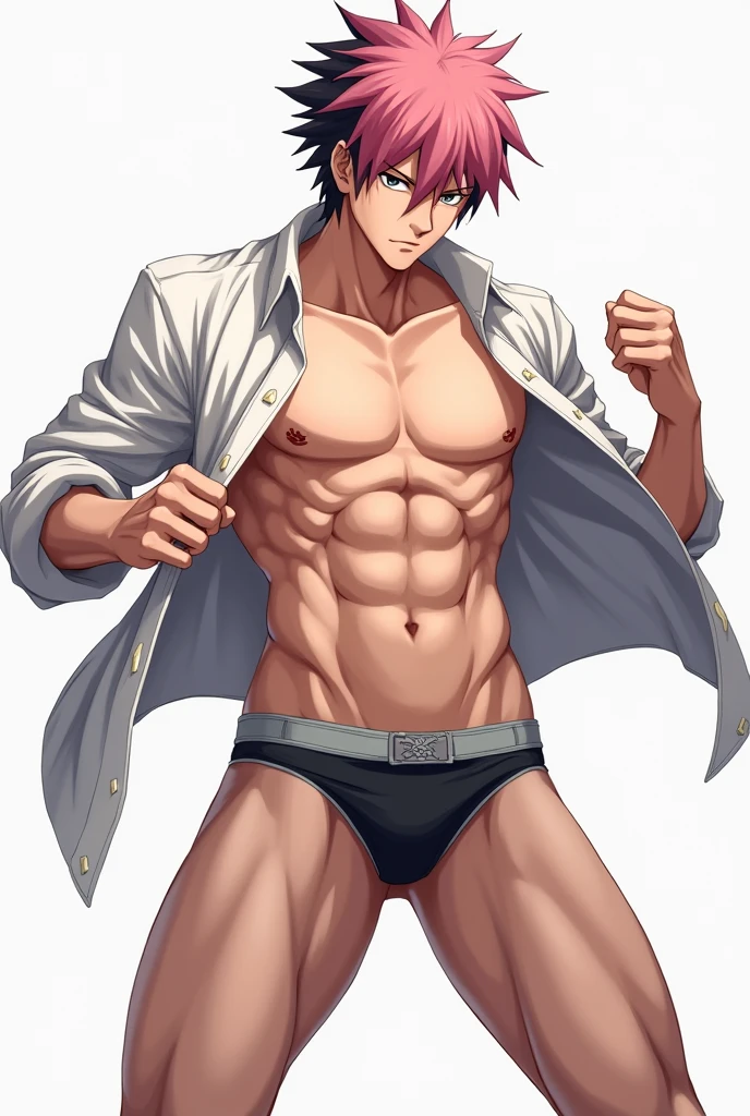 Anime guy in underwear posing with his shirt open, Yuji Itadori, pink hair, black under hair, Jujutsu Kaisen, in combat pose, slightly muscular, defined body, shirtless, abs, big legs
