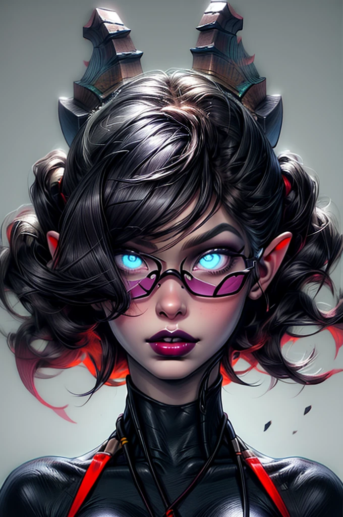 masterpiece, best quality, 1girl, solo, draenei, glowing eyes, colored sclera, tail ornament, hooves, white skin, blue eyes, black hair, shiny silver pouty lips, leotard, (tentacle hair:0.8), close-up, upper body, hair ornament, plump and large breasts, shiny skin, shiny silver lipstick, glasses, bob hair cut