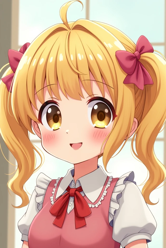 an image of a Danganronpa character with this description: A beautiful girl, blonde hair with two large pigtails adorned with a bowtie in pink and white color, she's wearing a Coquette outfit as her shirt is white an her Skirt pink with white bowties on it, she also wearing a long jacket in Green and yellow colors and another shirt behind the Coquette shirt, she also have a Hat with a bowtie, flower and a heat, and have two earings one being a beautiful skeleton head earing and a strawberry earing and she's the Ultimate Prankster