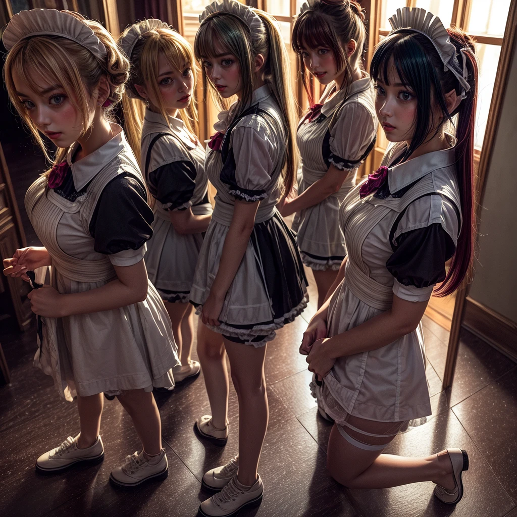(Extremely Detailed((Kawaii Maid Group in a row:1.37))), Childish perfect face, Reflective Eyes, Detailed(Delicate Clothing textures), Dynamic Joyful Expressions LifeLike Rendering, (Specular Reflection:1.2), TopQuality 8K Ultra-detailed masterpiece (ProfessionalPhoto:1.37), (Acutance:0.8), (Luminism:1.28), (Renaissance art style), (Colorful Light particles:0.75), (Muscle:-0.5), ((Full body from side)), {(SkirtLift)|glossy floor|Kissing}, Radiant Fine Skin with Transparency, (Exposed:0.5), (Different types of anime character like hair colors:1.35)