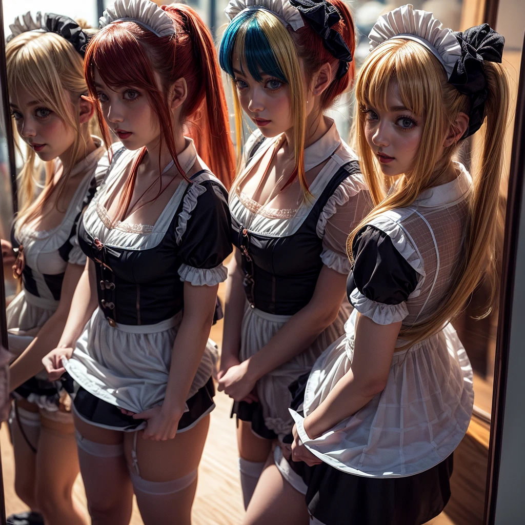 (Extremely Detailed((Kawaii Maid Group in a row:1.37))), Childish perfect face, Reflective Eyes, Detailed(Delicate Clothing textures), Dynamic Joyful Expressions LifeLike Rendering, (Specular Reflection:1.2), TopQuality 8K Ultra-detailed masterpiece (ProfessionalPhoto:1.37), (Acutance:0.8), (Luminism:1.28), (Renaissance art style), (Colorful Light particles:0.75), (Muscle:-0.5), ((Full body from side)), {(SkirtLift)|glossy floor|Kissing}, Radiant Fine Skin with Transparency, (Exposed:0.5), (Different types of anime character like hair colors:1.35)