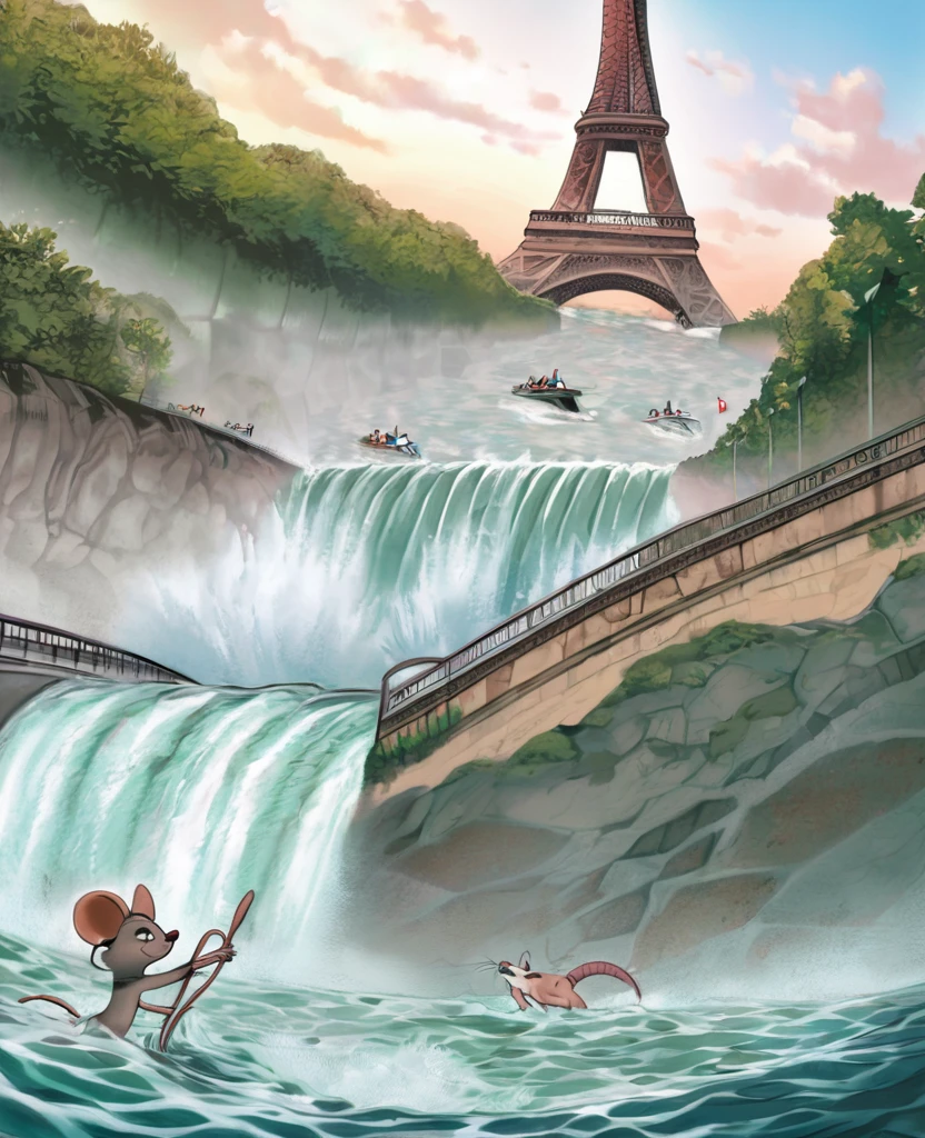 Dirty Canadian Niagara Falls flows beneath the Eiffel Tower、A swimmer is racing against a large rat
 
