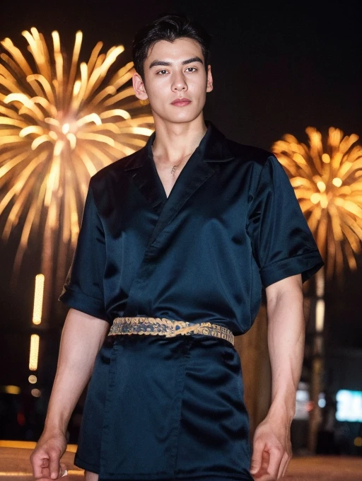 top-quality、​masterpiece、超A high resolution、(realisitic:1.4)、Detailed face、solo、１human male、Dark hair、glistning skin、dense skin、(asian human)、architectural、(absurderes、hight resolution、Ultra-detail)、、1 male、Adults、(Man's, 23 years old)、a handsome、tall muscular man、broad shoulder、extra very short hair、angular jaws、thick neck、thick eyebrow、extra very short hair、A darK-haired、fine eyes and detailed face、 Highly detailed CG Unity 8K wallpapers、intricate-detail、(Style Swirl Magic:0.7)、looking at the spectator、solo、(full body Esbian:0.6)、Detailed background、A detailed face、dynamicposes、、Urban background、dynamic compositions、 big muscle、、((Crotch bulge))、a  ((masutepiece:1.4, Best Quality)), ((masutepiece, Best Quality)), (photographrealistic:1.4)、(((Fireworks Festival)))、sports wear、 Pubic hair, open legs, ,  abs, ((Erection 1.2)), (Moccoli: 1.4),  Sweating, (He is wet, Wet 1.2),, (Slipping thin underwear, Wet and beautiful 1.4)), Blood vessels in the arm、、Chinese Bishonen、(Stroll through the city of fireworks displays:1.2), food stand, (Dark blue silk yukata:1.3),   Smile, red blush,（the perfect body：1.1）、（shorth hair：1.2）、FULL length shot(fls),（Very elaborate CG 8K wallpapers）、（extremely delicate and beautiful）、（​masterpiece）、（top-quality）:1.0)、(超A high resolution:1.0)、[hight resolution]、detailed skins、Ultra-detail ((colourful)), male people、Japan though、Vermilion band , (nsfw , sexy ,  eroticism , )