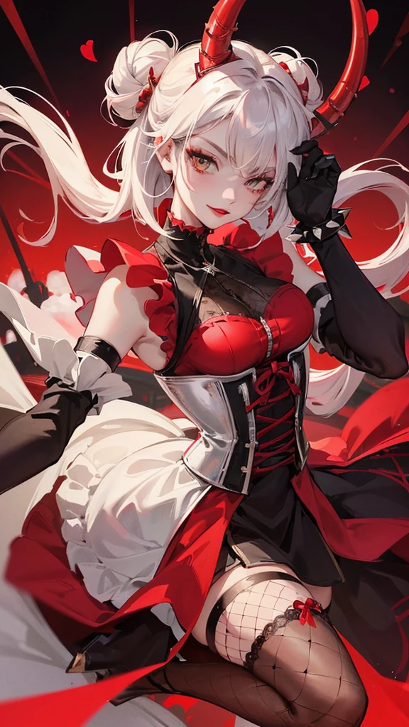 1 girl, anime, masterpiece, best quality, intricate details, futuristic setting, red and white hair, smirk, elegant, maid uniform, demon horns, bun, spiked bracelets, red lipstick, gothic aesthetic, tall, curvy, confident pose, black maid dress, corset, fishnet stockings, short hair, Persian cat