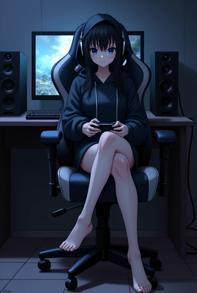 Anime Style. A girl tall in her twenties with black hair, black eyes, black hood covering her head and headphones on her. The girl is barefoot. The girl's feet are on the gamer chair. In her right hand is a PlayStation controller. The background is a darkened gamer room. The girl is sitting on a gamer chair. Behind her is a computer and a couple of video game consoles.