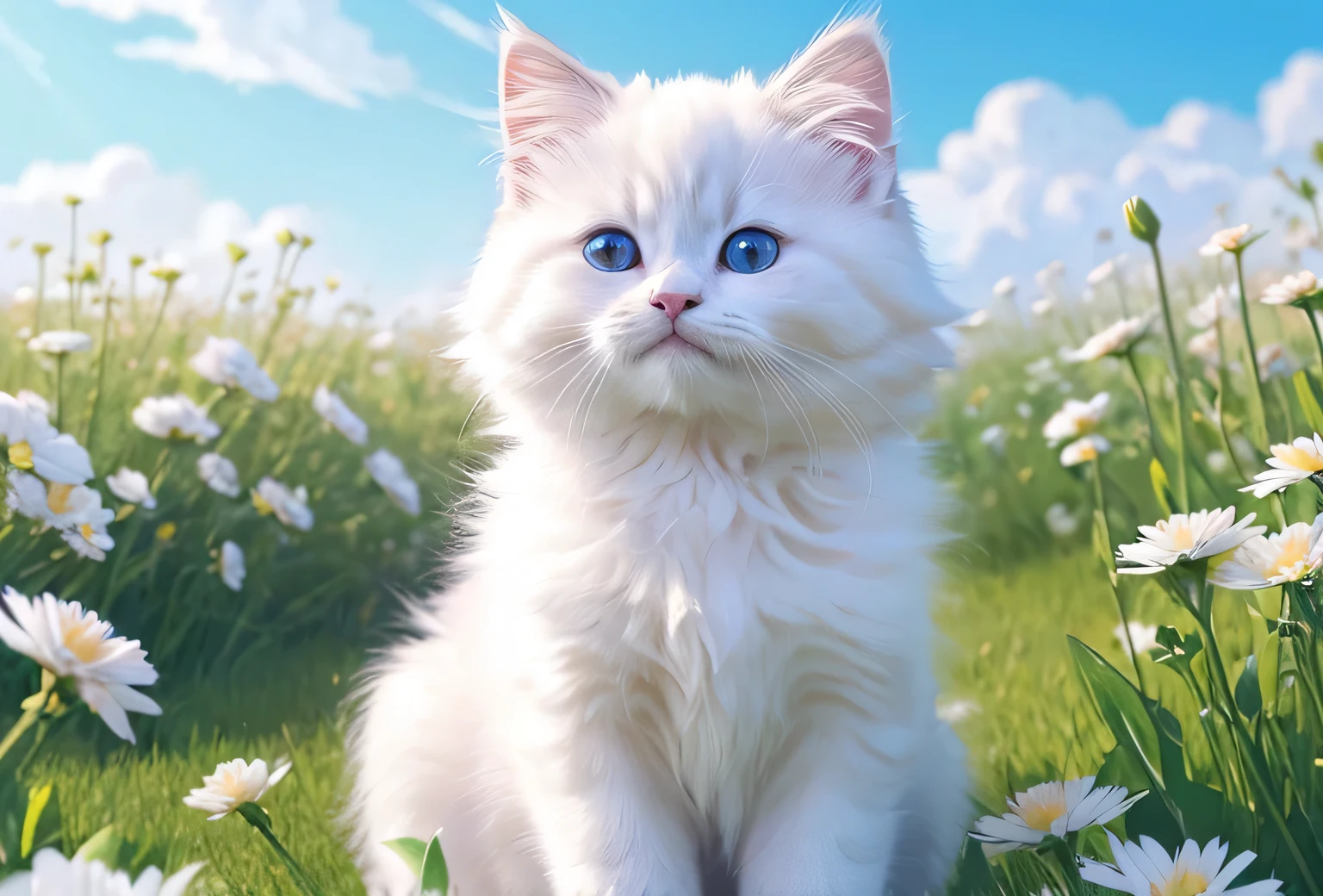 Anime white kitten 、Fluffy white kitten、sitting in a field of flowers with a blue sky, Painting by Kubisi art, Pixiv, fur art, cute cat, anime visual of a Cute cat, Cute and detailed digital art, Anime Cat, Cute digital art, Cute and detailed artwork, realistic Anime Cat, Cute cat, very beautiful Cute catgirl, Cute Core