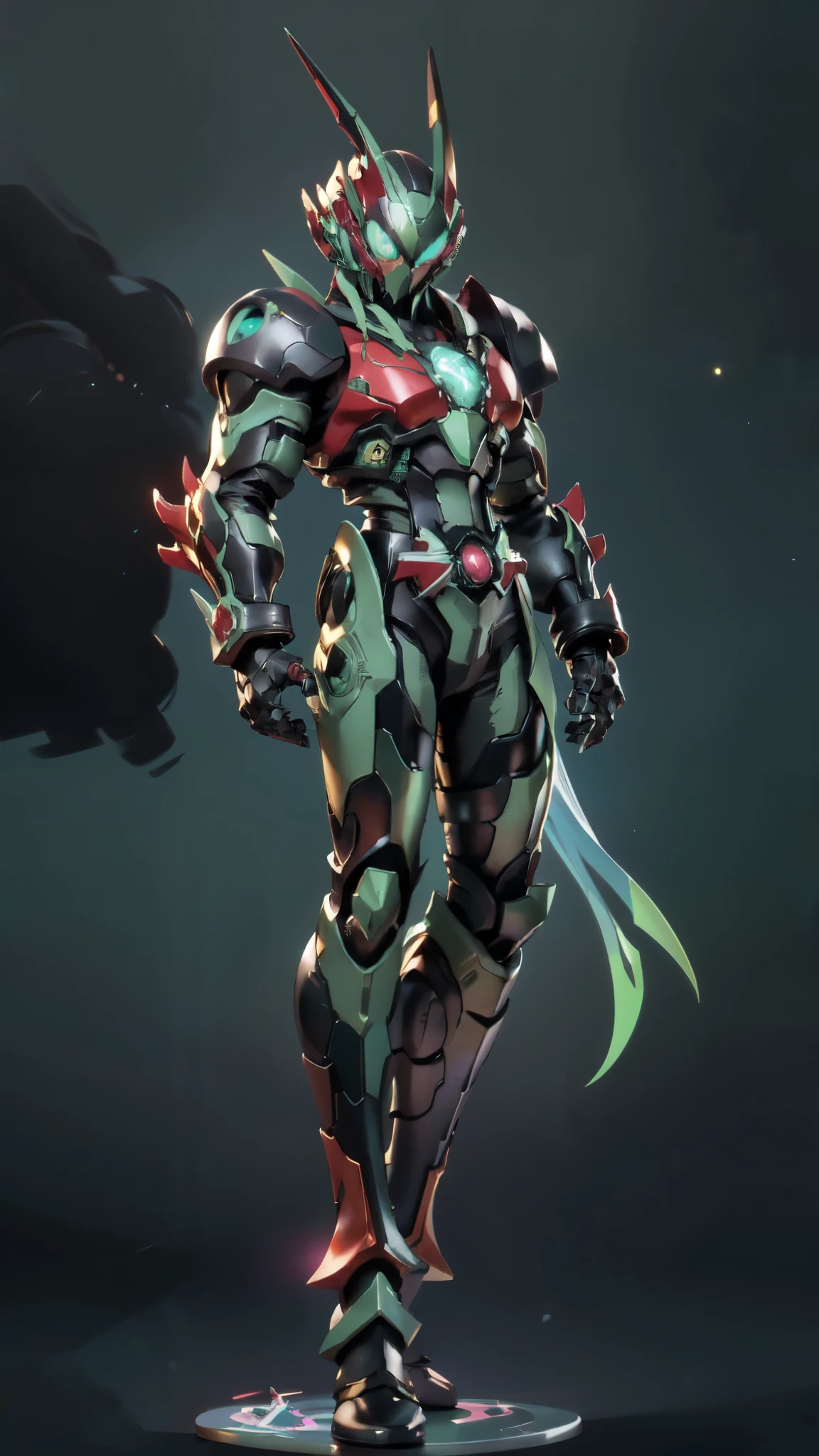 (masterpiece:1.5, best quality:1.5, extremely delicate:1.5, superhero pose:1.5), a man wearing a full-face helmet, a fantasy-style biotech armored combat suit, green eyes, (a composite layered chest armor), fully enclosed shoulder guards, matching arm and leg guards, belt of Neon circuit, (the color scheme is primarily black with green and red accents), the design balances heavy with agility, a high-tech bio-mecha armor, (Armor Concept Inspired by neon Cyberpunk, stand on the top of a skyscraper in a futuristic sci-fi city), this character embodies a finely crafted fantasy-surreal style armored hero in anime style, exquisite and mature manga art style, (element, plasma, energy, the armor glows), ((male:1.5)), metallic, high definition, highres, ultra-detailed, ultra-fine painting, professional, perfect body proportions, golden ratio, anatomically correct, symmetrical face, extremely detailed eyes and face, high quality eyes, creativity, RAW photo, UHD, 32k, Natural light, cinematic lighting, masterpiece-anatomy-perfect