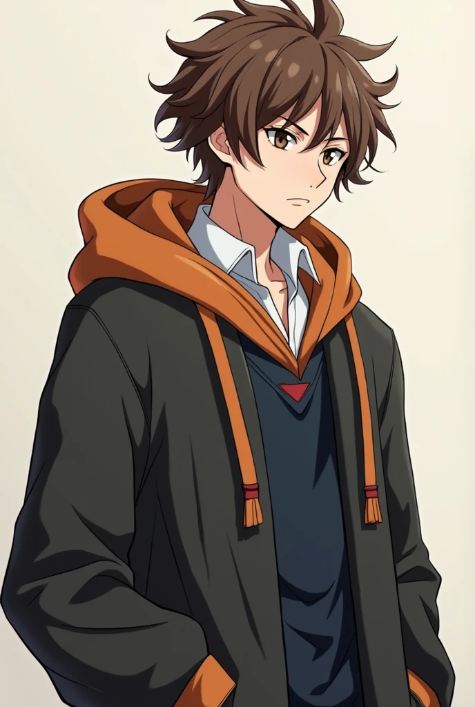 Male jujutsu kisen character with tall slim brown wavy hair wearing a hoodie uniform resembling the jujutsu kaisen anime wizardry school uniform seen in the anime
