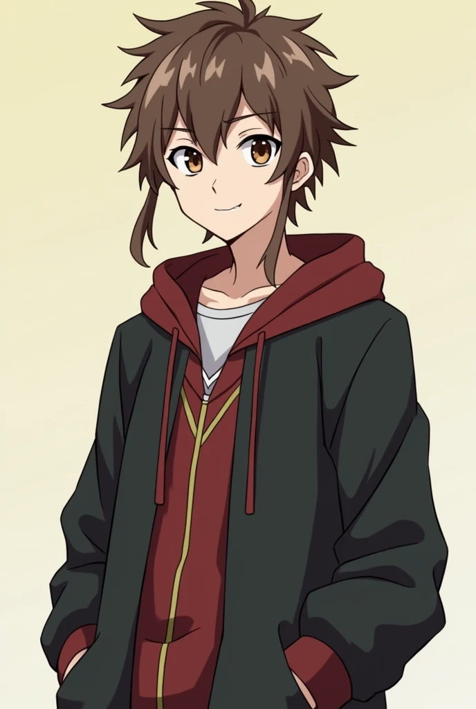  
Male jujutsu kisen character with tall slim brown wavy hair wearing a hoodie uniform resembling the jujutsu kaisen anime wizardry school uniform seen in the anime 