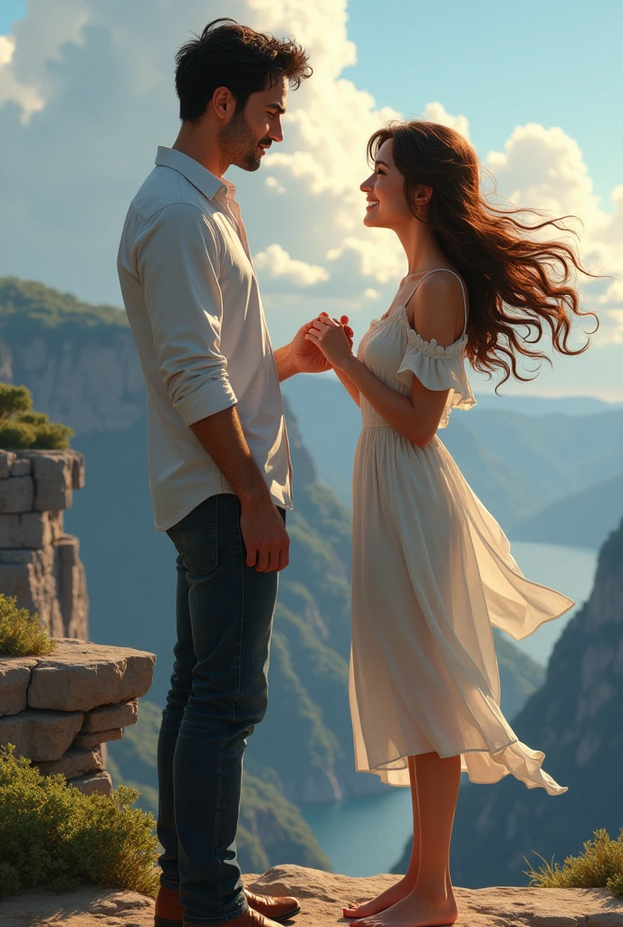 Man with messy black hair without beard, proposing to a woman with brown hair and brown eyes with a nice smile on a cliff 