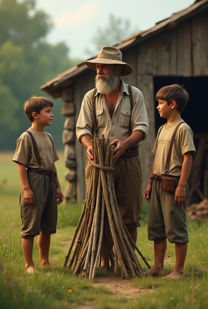 Make me a picture of a farmer who is whipping a young boy in a forest