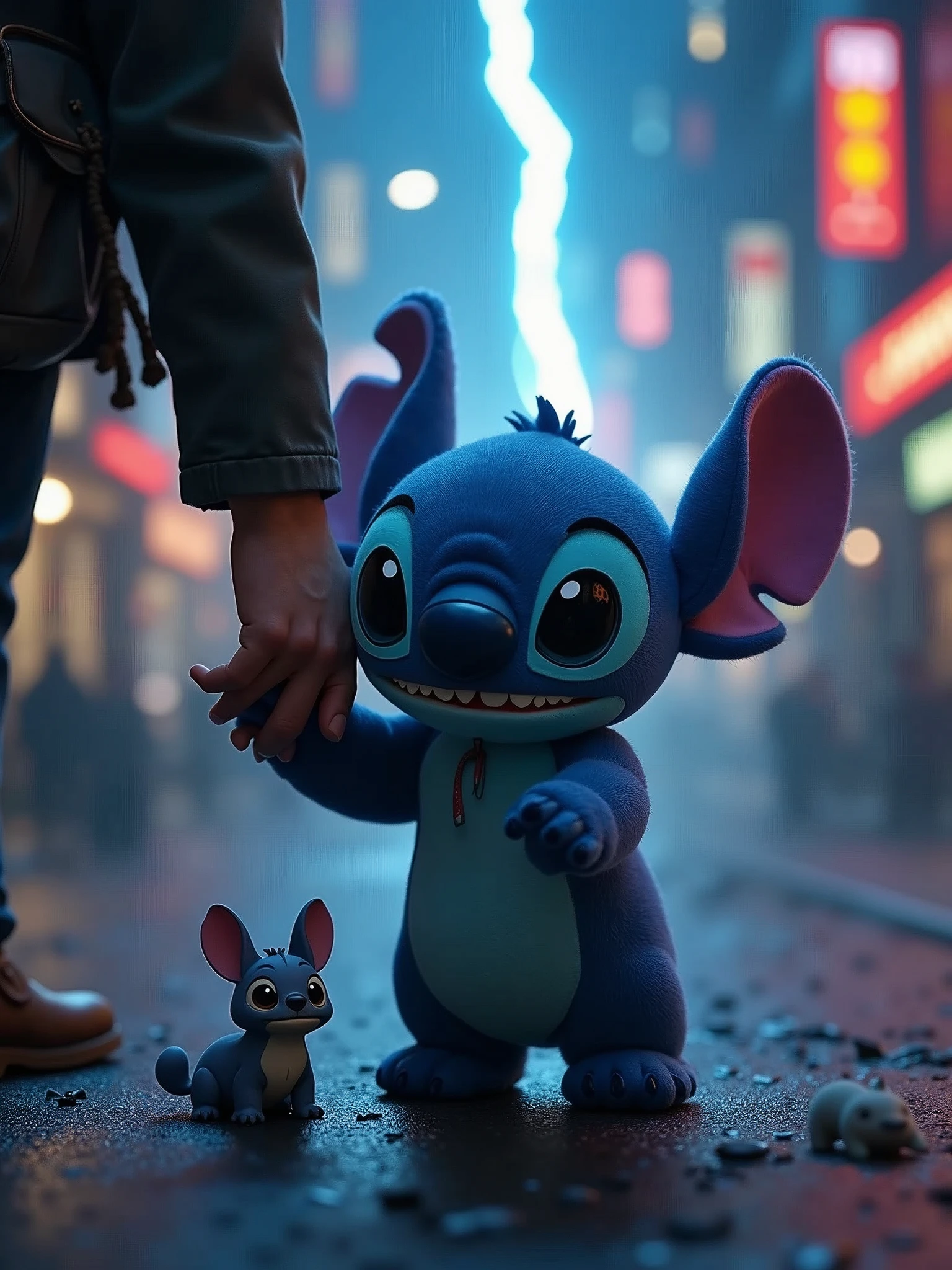 a close up of a stuffed animal on a street, lilo and stitch, trichromatic colors, father holds child in the hand, cinematic lightning and colors, inspired by Nakahara Nantenbō, small animals, promotional image, bite, tachikoma, 7 7 7 7, standing together, a screenshot, by Nōami