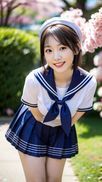 (A gorgeous Japanese lady, age 25, wearing seifuku, school uniform, sailor moon, jk uniform, high-school uniform, short shirt, plaid or pleated skirts, bowtie red ribbon, optional sailor hat, knee+high socks, at Cherry Blossom Festival, 

Easygoing expressions, kind smile, dimpled chins, cute snaggle-tooth, short bob hair, short ponytail, symmetrical face, realistic detailed face, beautiful detailed eyes, perfect body proportions, perfect body anatomy, hourglass figure, ample round bosoms, medium breasts,

Raw photo, photorealistic, realistic portrait, hyper-realism, high contrast, ultra HD, realistic skin textures, top image quality, top-quality, super high resolution, fine details, very meticulously, masterpiece, medium shot, close-up shot, cowboy shot, High Angle Shot, bokeh background, SFW, Safe For Work)