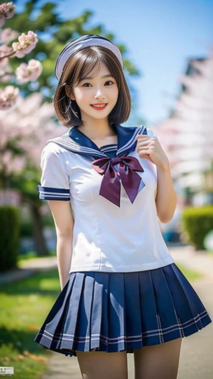 (A gorgeous Japanese lady, age 25, wearing seifuku, school uniform, sailor moon, jk uniform, high-school uniform, short shirt, plaid or pleated skirts, bowtie red ribbon, optional sailor hat, knee+high socks, at Cherry Blossom Festival, 

Easygoing expressions, kind smile, dimpled chins, cute snaggle-tooth, short bob hair, short ponytail, symmetrical face, realistic detailed face, beautiful detailed eyes, perfect body proportions, perfect body anatomy, hourglass figure, ample round bosoms, medium breasts,

Raw photo, photorealistic, realistic portrait, hyper-realism, high contrast, ultra HD, realistic skin textures, top image quality, top-quality, super high resolution, fine details, very meticulously, masterpiece, medium shot, close-up shot, cowboy shot, High Angle Shot, bokeh background, SFW, Safe For Work)