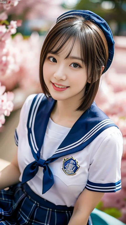 (A gorgeous Japanese lady, age 25, wearing seifuku, school uniform, sailor moon, jk uniform, high-school uniform, short shirt, plaid or pleated skirts, bowtie red ribbon, optional sailor hat, knee+high socks, at Cherry Blossom Festival, 

Easygoing expressions, kind smile, dimpled chins, cute snaggle-tooth, short bob hair, short ponytail, symmetrical face, realistic detailed face, beautiful detailed eyes, perfect body proportions, perfect body anatomy, hourglass figure, ample round bosoms, medium breasts,

Raw photo, photorealistic, realistic portrait, hyper-realism, high contrast, ultra HD, realistic skin textures, top image quality, top-quality, super high resolution, fine details, very meticulously, masterpiece, medium shot, close-up shot, cowboy shot, High Angle Shot, bokeh background, SFW, Safe For Work)