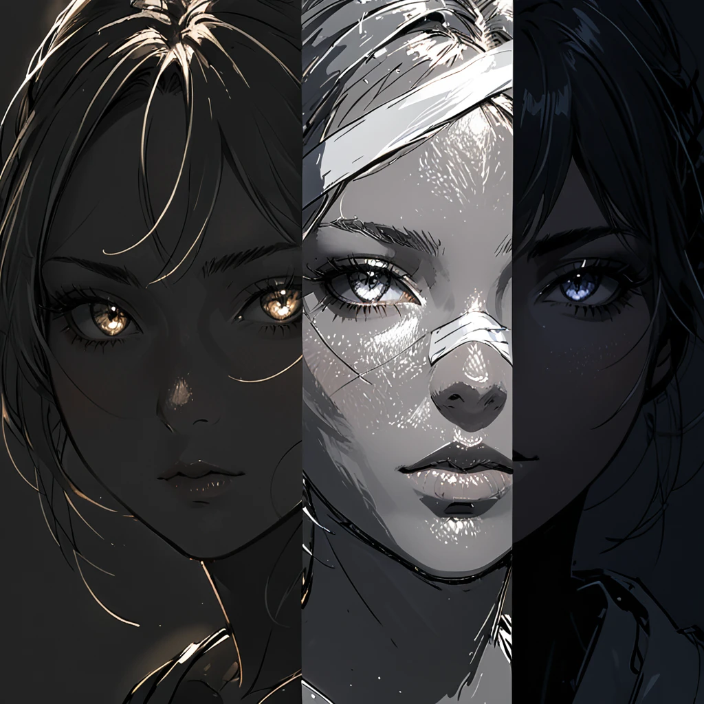 in the style of Benedick Ban,character concept design,(Sarashi:1.5),(bandages:1.4),(1 girl:1.4),(sketch:1.4),(contour:1.3),portrait,shades of gray,(close-up of face:1.3),contour_deepening,(rim light:1.3),
break
(rough sketches:1.5),strong contrast between darkness and light,silhouette vs. Lighting,pencil sketch,clear stroke transitions between shadows and Lighting,