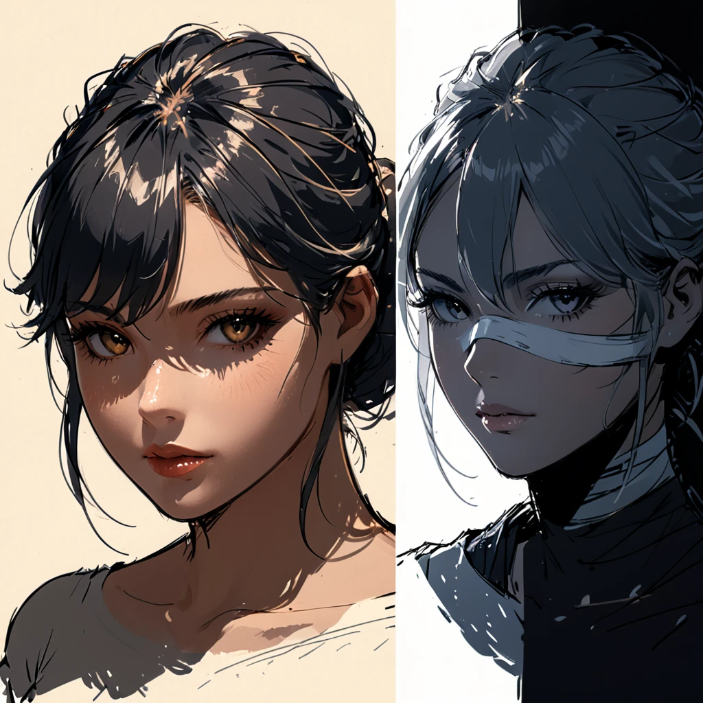 in the style of Benedick Ban,character concept design,(Sarashi:1.5),(bandages:1.4),(1 girl:1.4),(sketch:1.4),(contour:1.3),portrait,shades of gray,(close-up of face:1.3),contour_deepening,(rim light:1.3),
break
(rough sketches:1.5),strong contrast between darkness and light,silhouette vs. Lighting,pencil sketch,clear stroke transitions between shadows and Lighting,