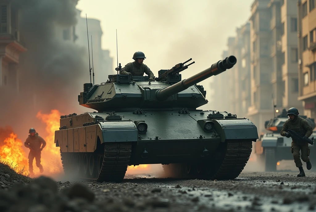 Enemy tank units invading the city, futuristic armored tanks with curved surfaces, accompanying infantrymen running around, detailed military vehicles, realistic military uniforms and equipment, dynamic military action scenes, flames burning in the rear, dust and flying debris, cinematic lighting, grim and stagnant atmosphere, horrific battlefield reality Close-up of an armored fighting vehicle, with the words "Let's stop war, let's have sex" written in the center of the image,