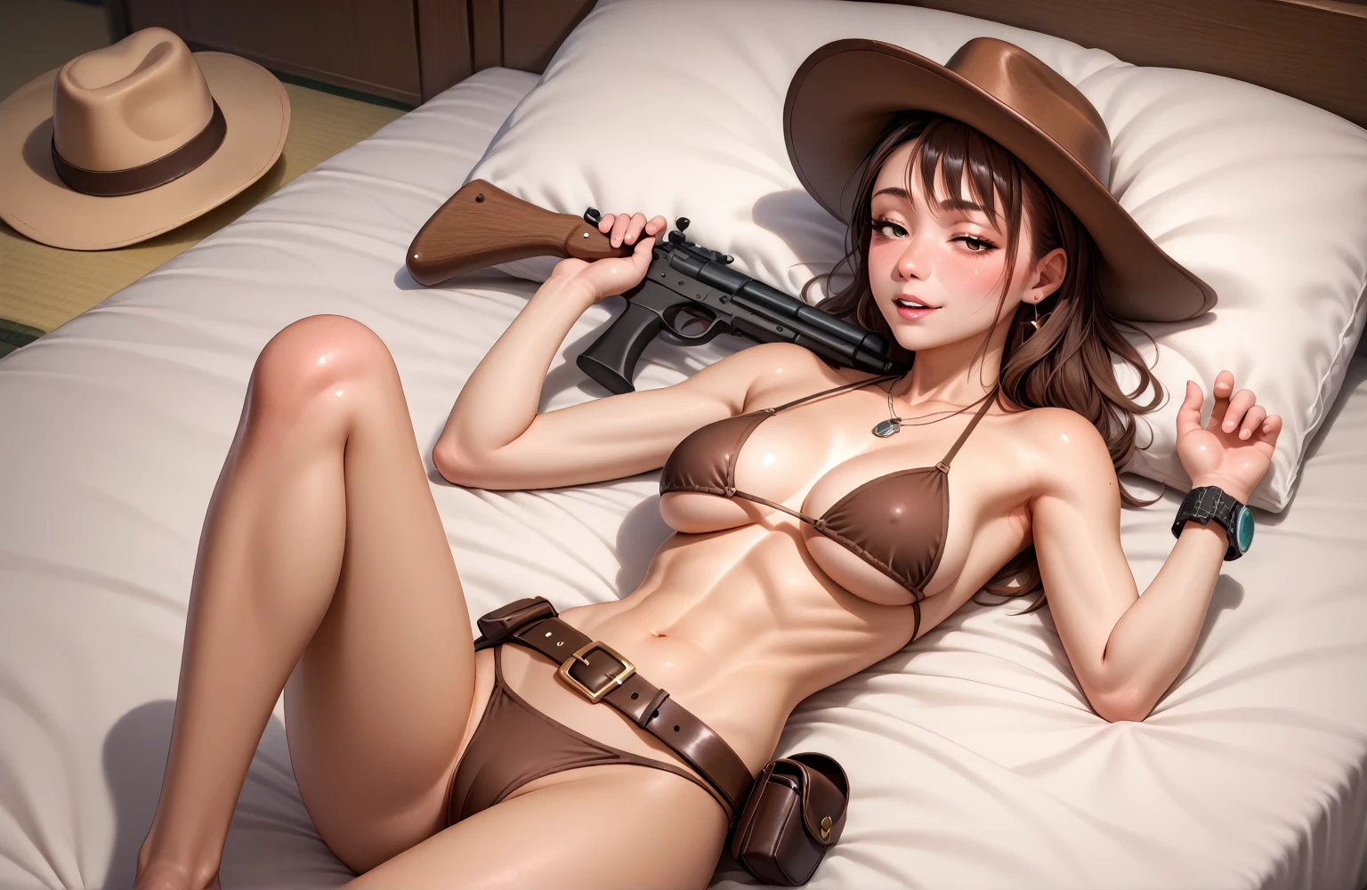 Japanese Beauty,Brown Bikini,(Wear a gun belt with a gun in a holster around your waist),(Wear western boots),Brown cowboy hat and watch on wrist,Being drunk,Hiccups,indoor,Above the knee shot,Lying in bed,Ultra-high resolution,16K