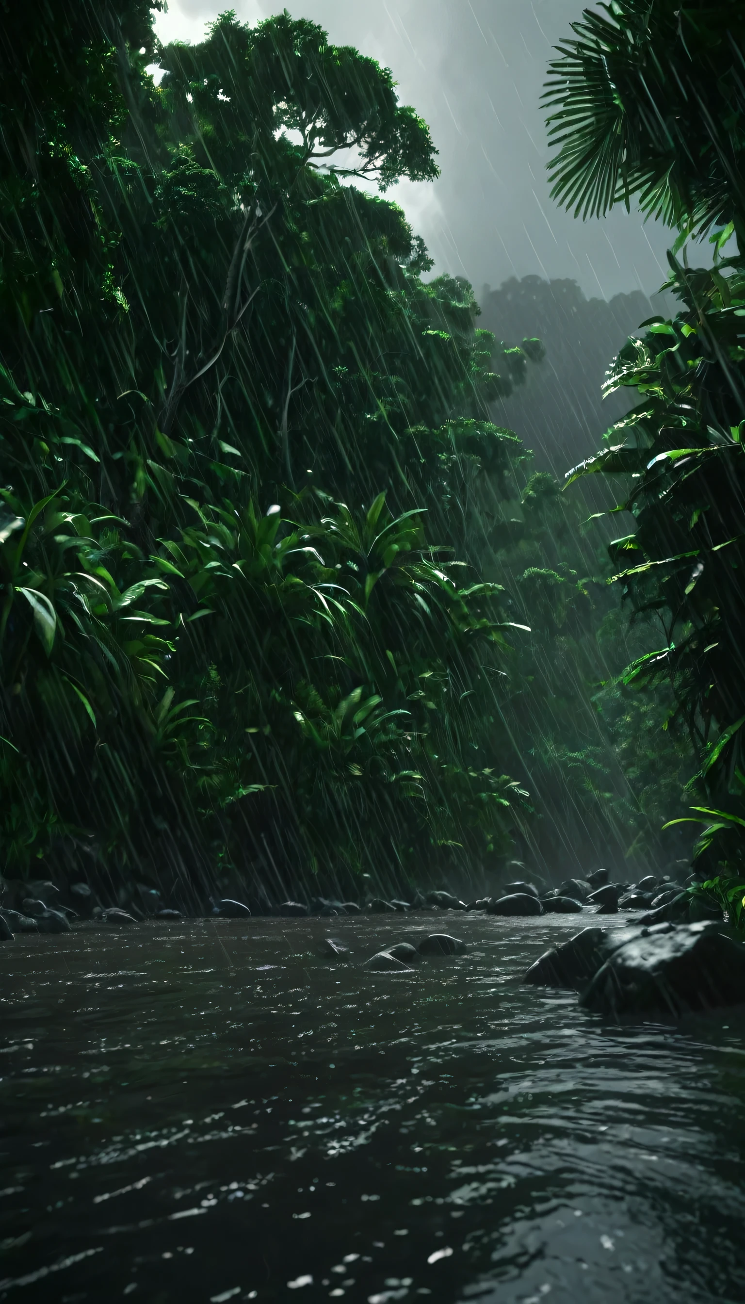 Ultra realistic, ultra high resolution, ultra high definition, ultra high quality, octane renderings, cinematic shot,low angle view, on the stoney riverbank near the clear crystal river can see through inside it, In lush greeny Tropical rainforest, a very tranquil moment,at the background there's high trees,dark black cloudy,heavy rain, storming, windy