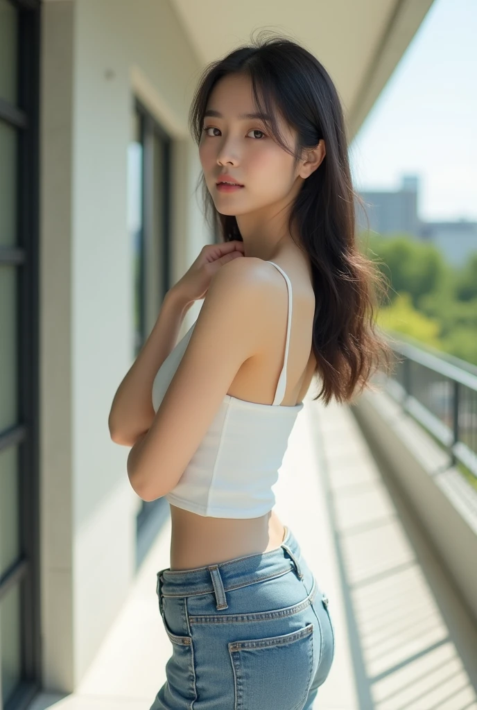 Ultra-high resolution,Natural light,photograph,Highest quality,photographのようなHighest quality,Japanese,Beauty,woman,beautiful girl,22 years old,Beautiful Face,Cute Face,Beautiful Hair,Smooth Hair,Straight Hair,,Fair skin,Beautiful legs,Beautiful Armpits,One arm raised, armpit visible,Beautiful thighs,full body,White sleeveless,Skinny jeans,Beautiful arms,Open Terrace