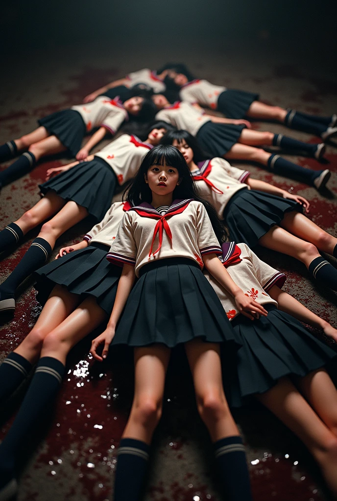 (ultra-detailed) pile of Japanese school girls' bodies, wearing traditional bloody school uniforms, short skirts, knee-high socks, dynamic composition, dark ambience, emotionally charged scene, contrasting shadows and highlights, vivid textures, artistic depth, haunting atmosphere, high-resolution, (4K) format, capturing the stark juxtaposition of innocence and tragedy.