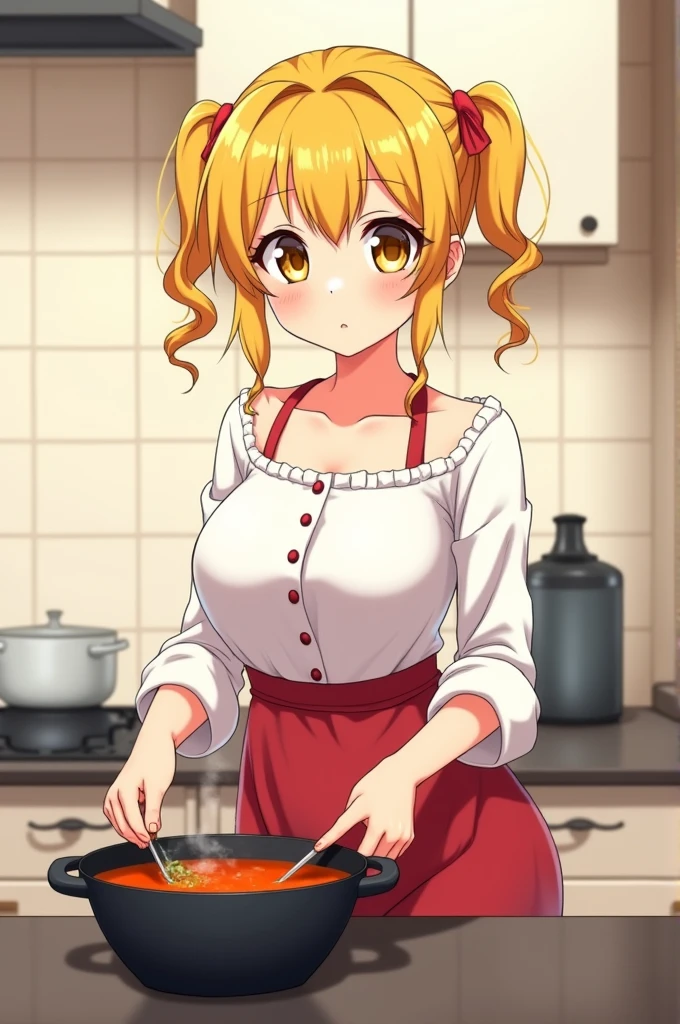 Anime girl with big breasts, yellow hair tied on both sides, curls that touch her shoulders and is wearing a white dress on top and red on the bottom, yellow eyes and is cooking soup, she is somewhat small