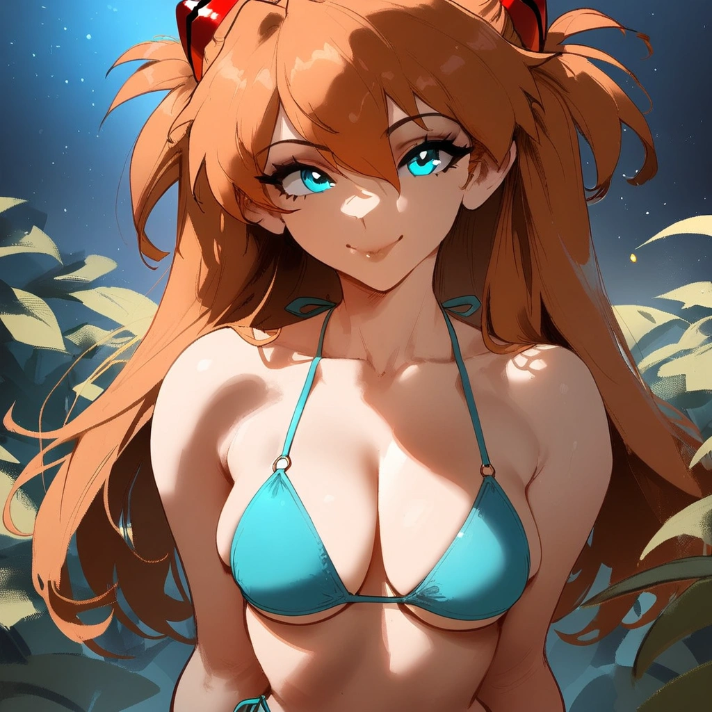 1girl, souryuu asuka langley, neon genesis evangelion \\\\\ masterpiece, best quality, very aesthetic, absurdres, newest \\\\\\ simple background, space background. bikini, greenery, , slim body,///// ,by nyantcha, , cutesexyrobutts,khyle ,,////// 18 years old girl,thin waist ,,solo, , stars, ^_^, portrait, ,detailed face, , bare neck.