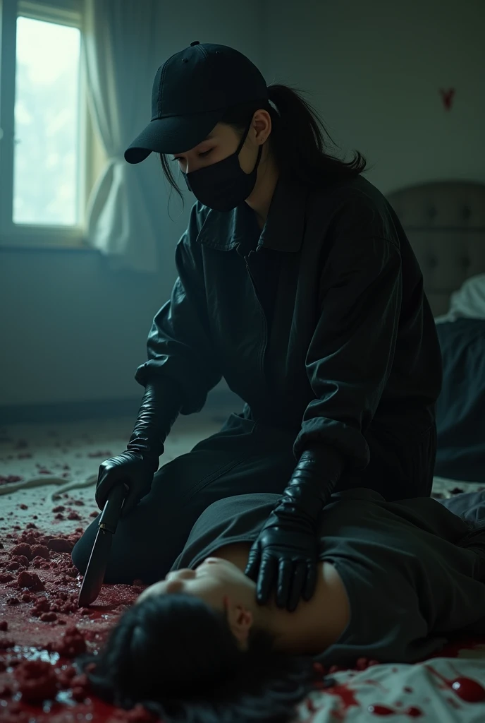 korean girl, (behind corpse, holding knife), black surgical mask, black gloves, room full of blood, black raincoat, trucker hat, holding knife, black gloves, woman on top, behind corpse, blood splatter, on the bed, mass murderer, killer, low ponytail, blood splatter, dark atmosphere, cinematic lighting, atmospheric realistic, light from the window, close-up,