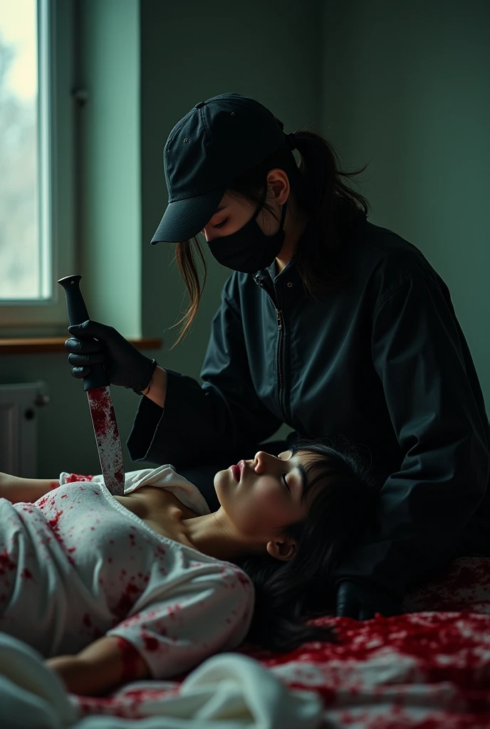 korean girl, (behind naked corpse, holding knife), black surgical mask, leather gloves, room full of blood, black raincoat, bucket hat, holding knife, leather gloves, woman on top, behind corpse, blood splatter, on the bed, mass murderer, killer, short hair, blood splatter, dark atmosphere, cinematic lighting, atmospheric realistic, light from the window, close-up,
