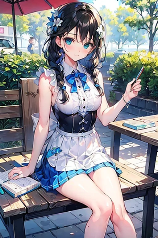 Tazune rirei, nsfw, 8k, ultra-detailed, Masterpiece, best quality, perfect lighting, aqua eyes, black hair, braid hair, green garden, flower garden, day, sunlight, outdoor cafe terrace, portrait, bokeh , bare arms, bare legs, summer sunny day, from forward, wooden table, sitting on wooden chair , blue frilled camisole, grey pleats skirt, serious face, ((studying at cafe, open textbook, notebook, pencil )), (ennui face)