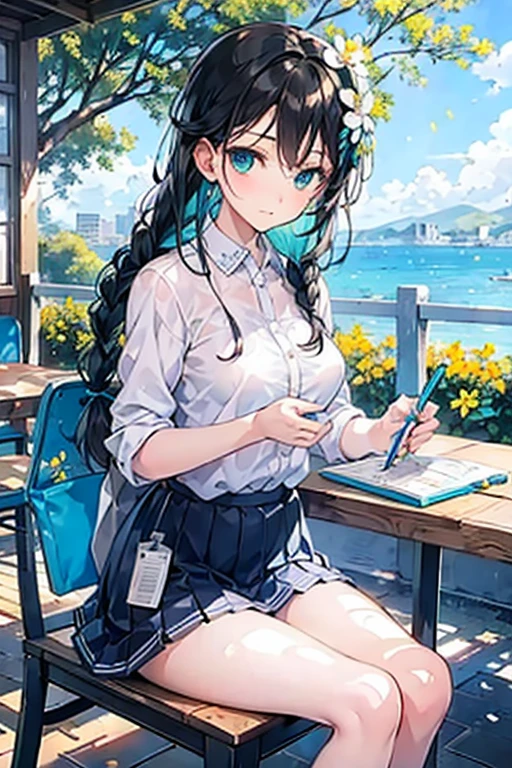 Tazune rirei, nsfw, 8k, ultra-detailed, Masterpiece, best quality, perfect lighting, aqua eyes, black hair, braid hair, green garden, flower garden, day, sunlight, outdoor cafe terrace, portrait, bokeh , bare arms, bare legs, summer sunny day, from forward, wooden table, sitting on wooden chair , blue frilled camisole, grey pleats skirt, serious face, ((studying at cafe, open textbook, notebook, pencil )), (ennui face)