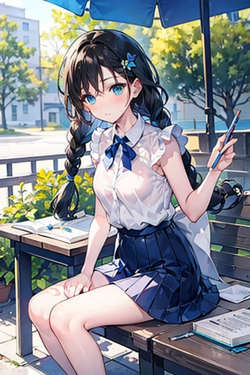 Tazune rirei, nsfw, 8k, ultra-detailed, Masterpiece, best quality, perfect lighting, aqua eyes, black hair, braid hair, green garden, flower garden, day, sunlight, outdoor cafe terrace, portrait, bokeh , bare arms, bare legs, summer sunny day, from forward, wooden table, sitting on wooden chair , blue frilled camisole, grey pleats skirt, serious face, ((studying at cafe, open textbook, notebook, pencil )), (ennui face)